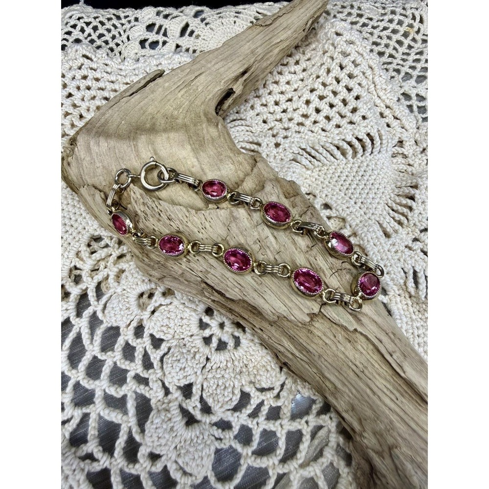 Vintage gold filled 7 inch‎ long bracelet w/oval faceted pink stones Edwardian